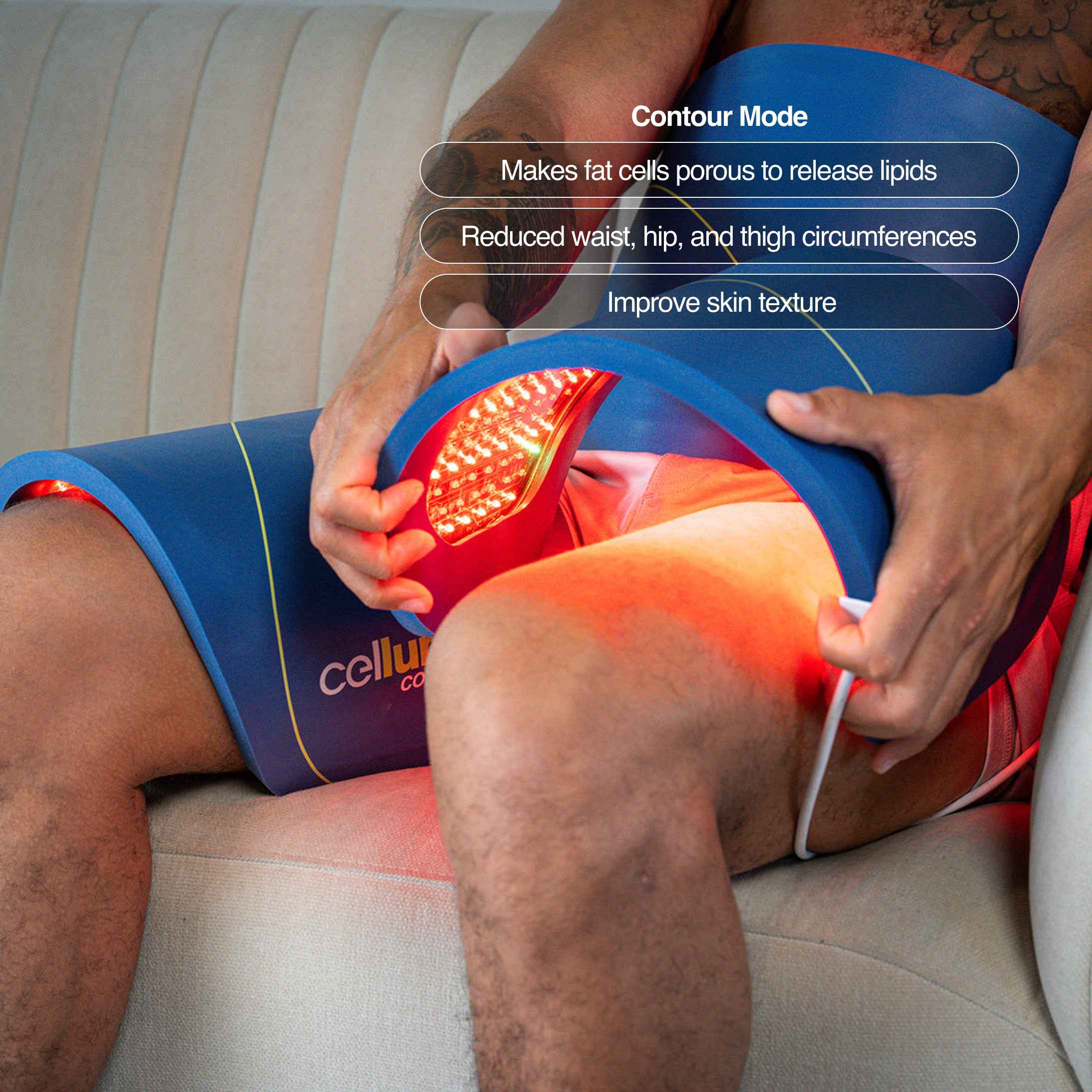 Man using Celluma Contour LED therapy contour mode to reduce waist, hip, and thigh circumference.