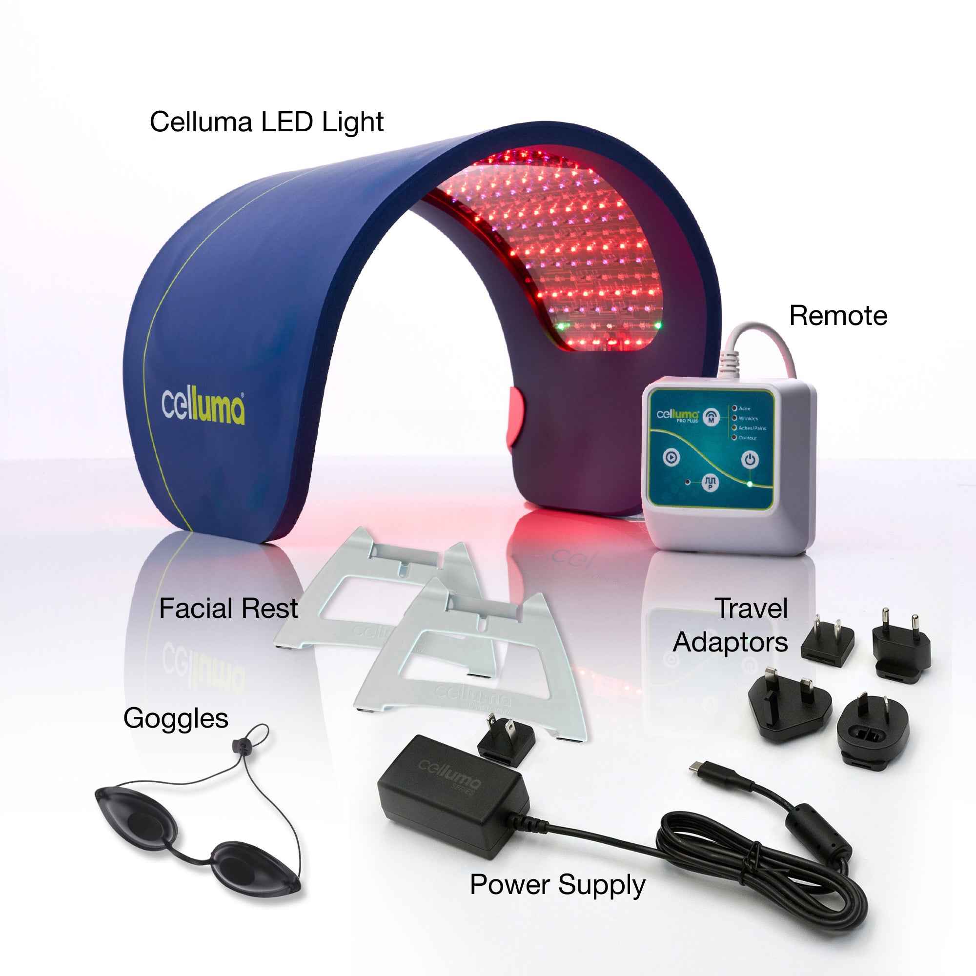 Celluma HOME LED red light therapy system with wrinkle and pain modes, facial rests, and accessories.