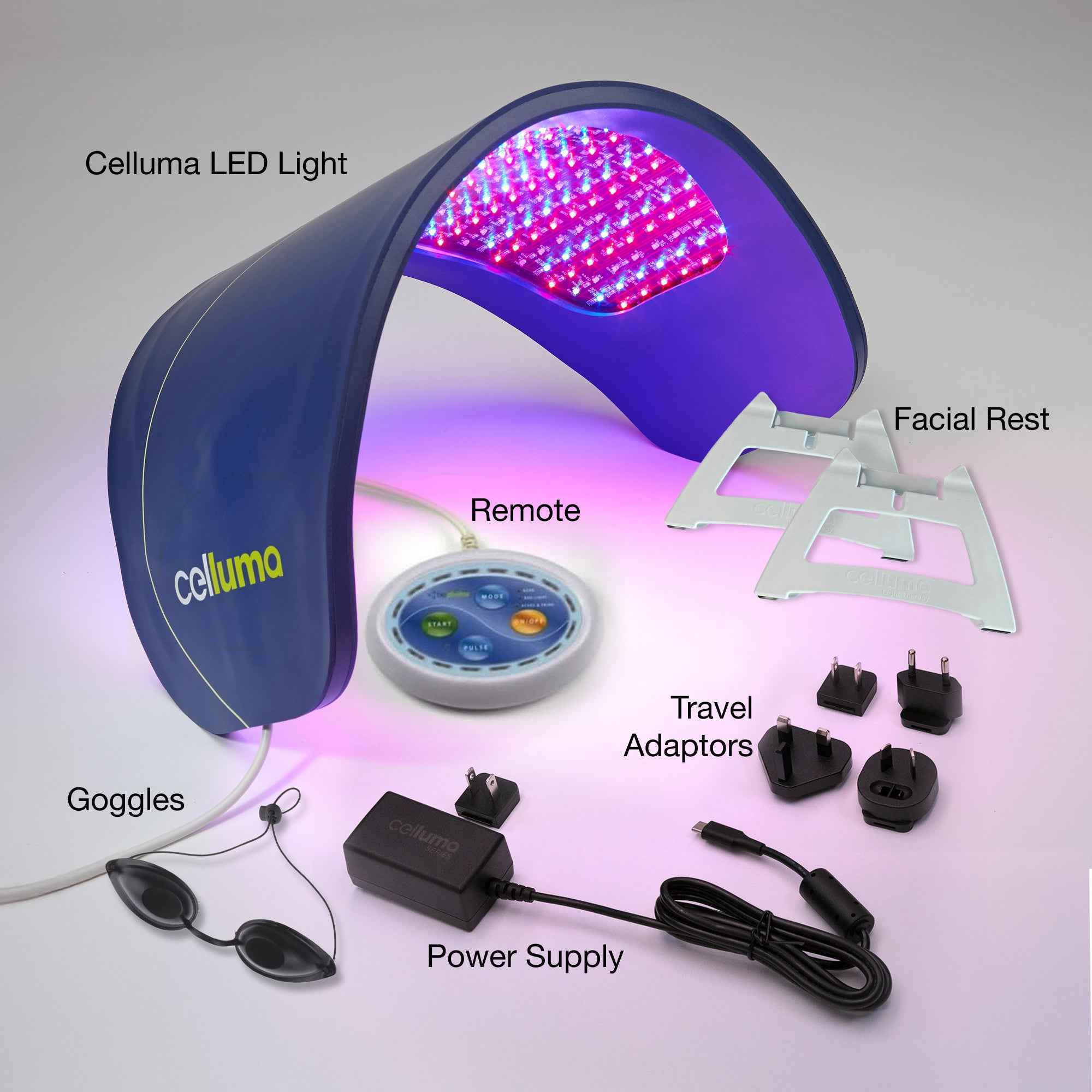 Celluma LED Red light Therapy Panel with facial rest, remote, travel adaptors, power supply and goggles are in the box.