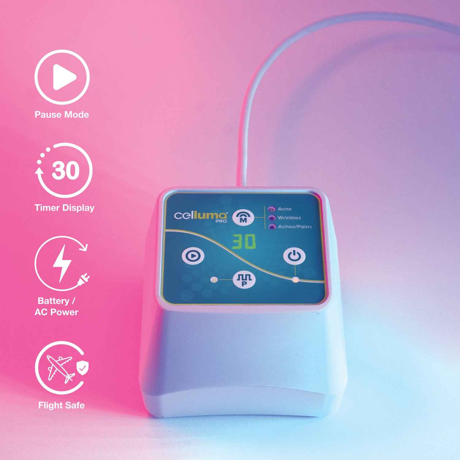 Celluma Lite LED Red Light Therapy Controller with 3 modes, Acne, Wrinkles and Aches and pain with pulsing.