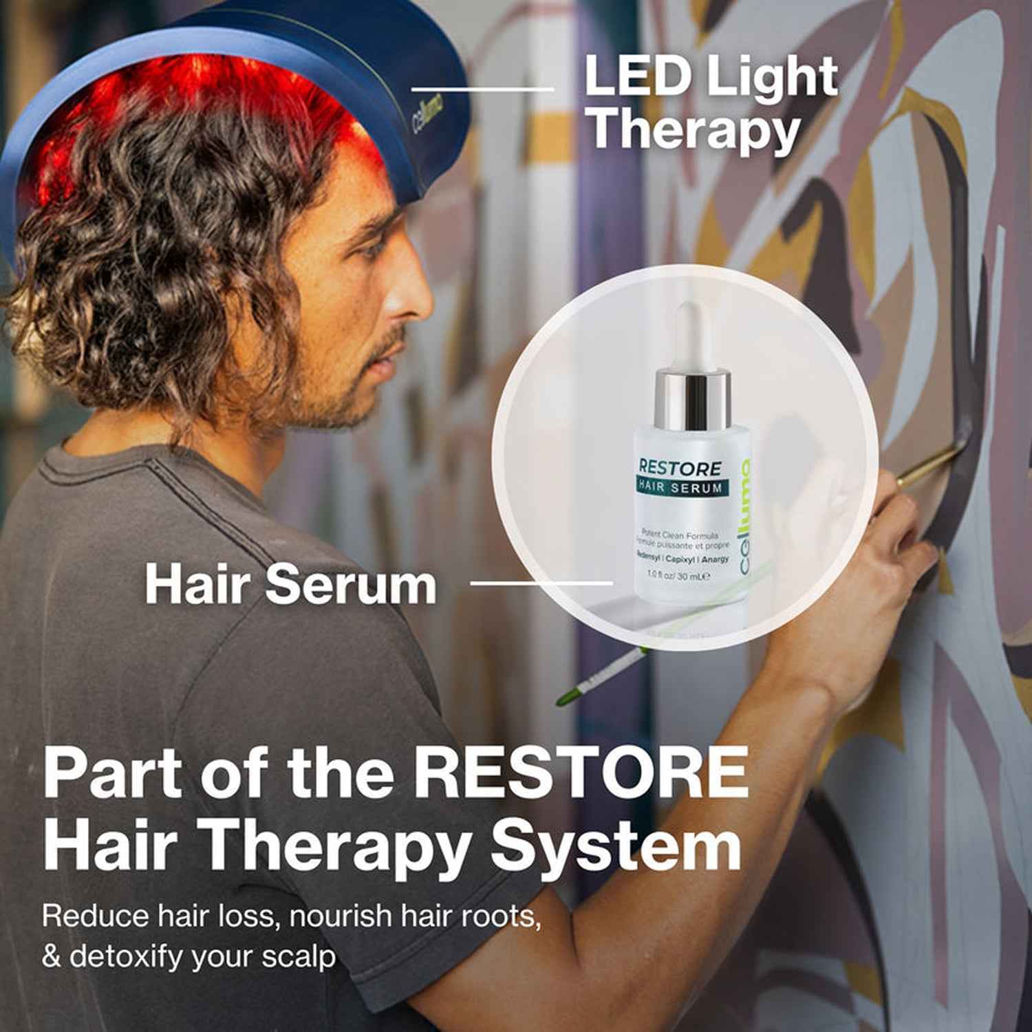 Celluma RESTORE Hair Therapy System with LED red light panel and hair serum for hair loss and scalp health.