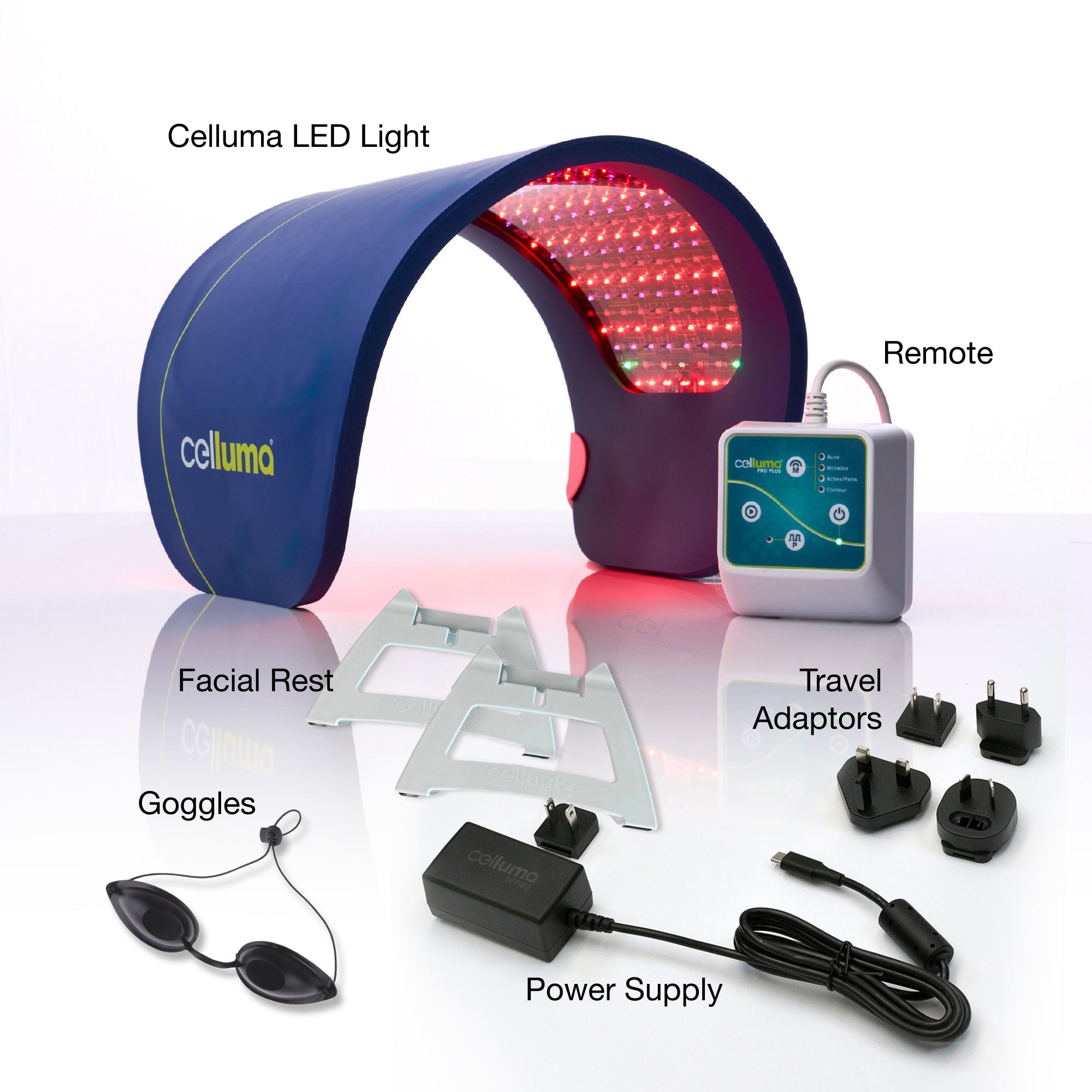 Celluma Nova FDA cleared LED red light therapy full box with remote, travel adaptors, power supply and goggles.
