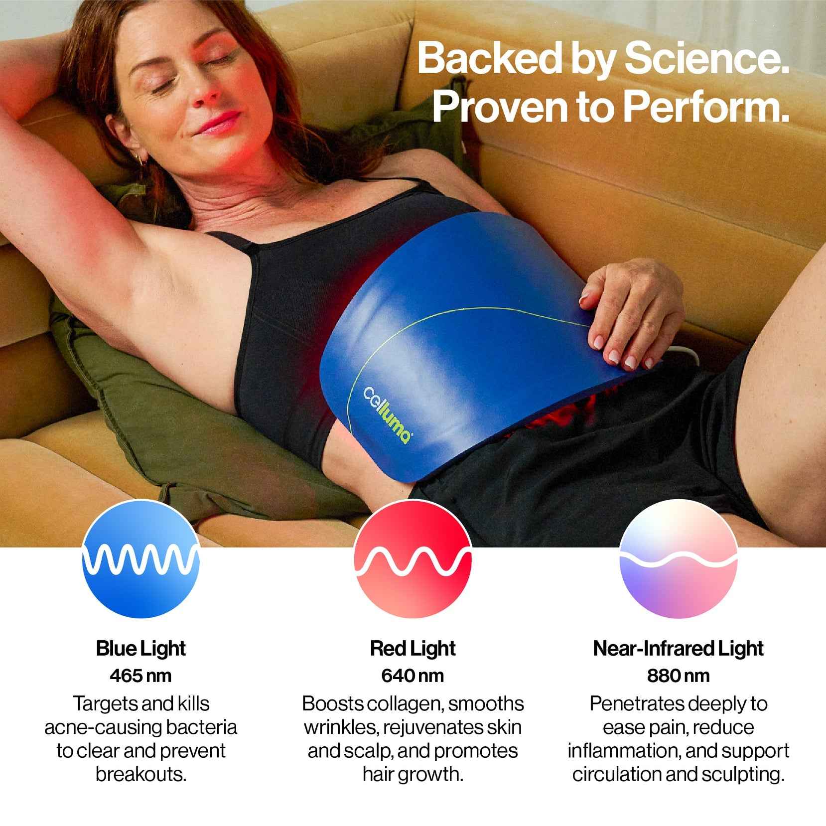 Celluma NOVA LED Red Light Therapy uses 465nm Blue light, 640nm Red light and 880nm Near-infrared light.
