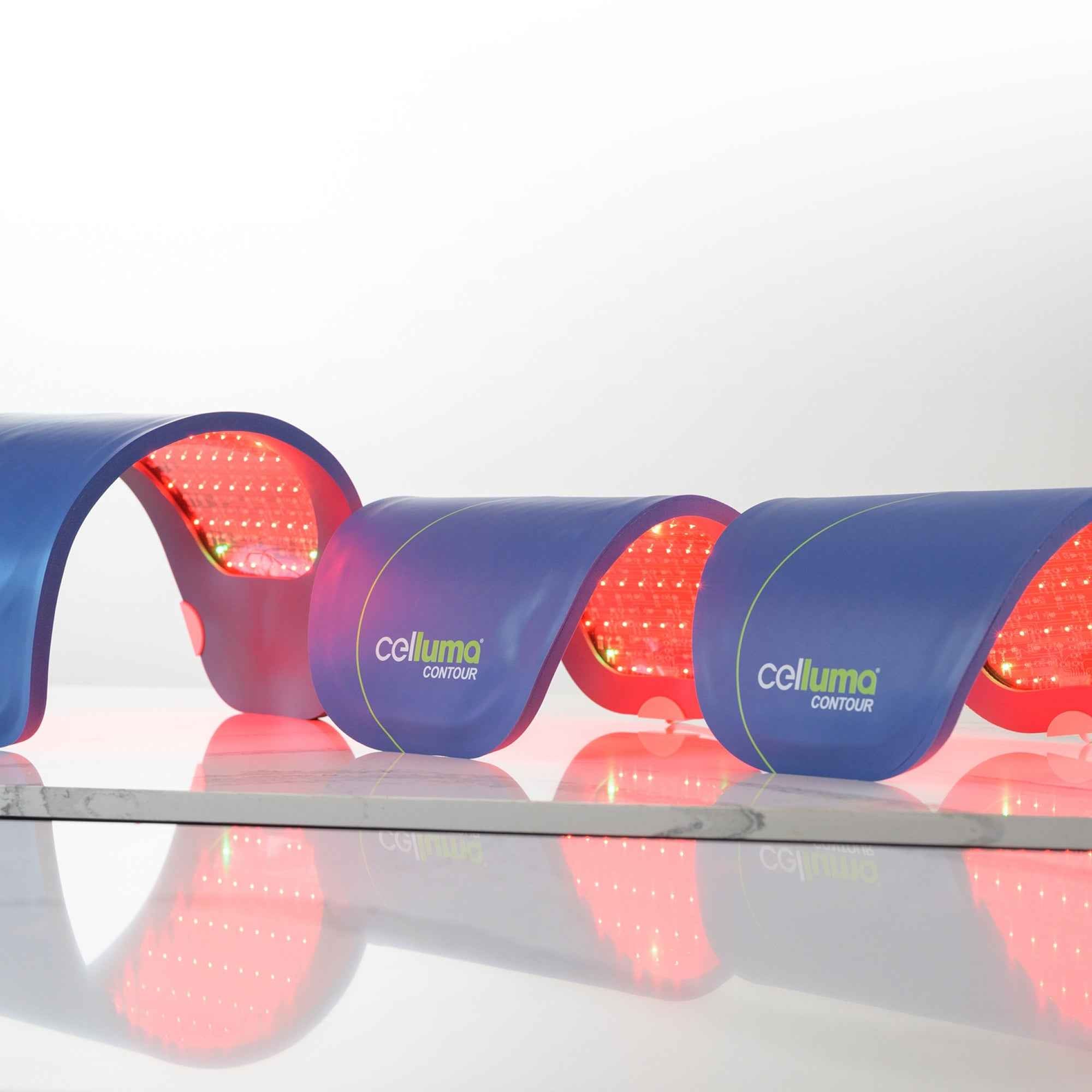 Celluma Contour 3-panel LED red light therapy device featuring 4 modes: acne, wrinkles, pain, and body contouring.