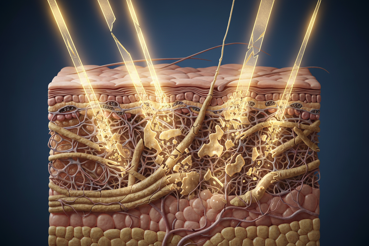 How sun exposure damages collagen and causes wrinkles over time