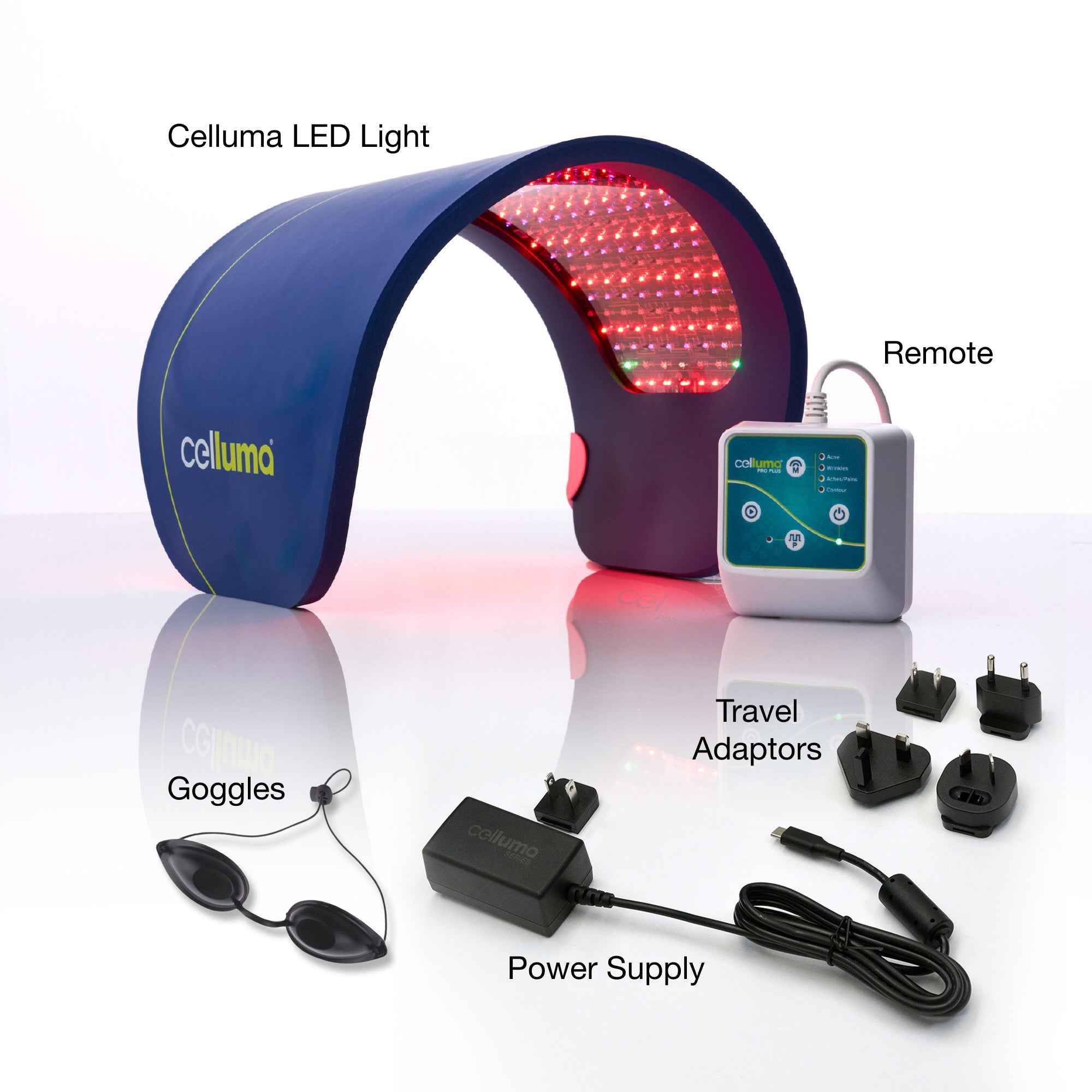 Celluma Contour LED red light therapy system with remote controller, goggles, power supply, and travel adaptors.