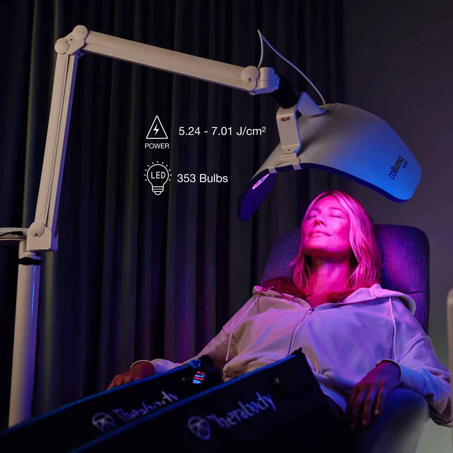 A woman receiving Celluma ELITE Professional grade LED Red Light Therapy on her face for wrinkles.