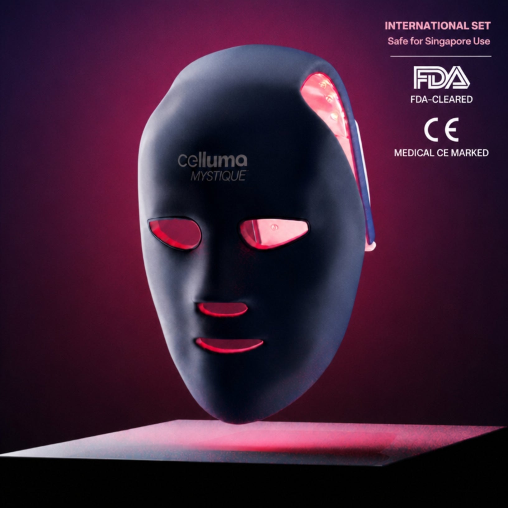Celluma Mystique premium LED red light therapy mask for simultaneous acne, wrinkle, and hair growth treatments.