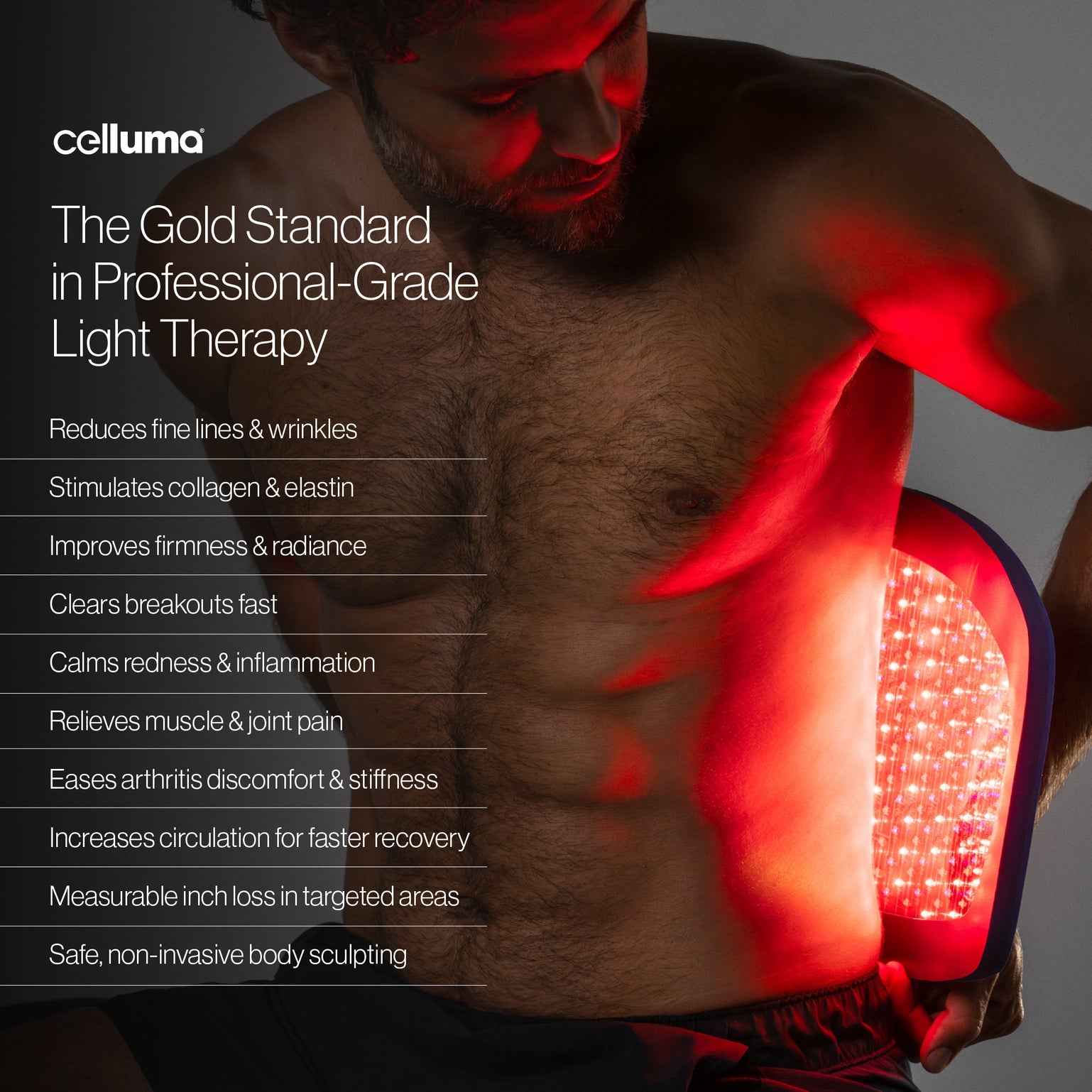Man using Celluma PRO LED red light therapy for skin rejuvenation, collagen support, and wrinkle reduction.