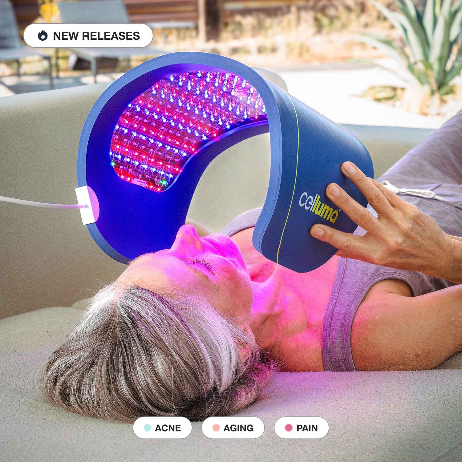 Celluma PRO LED red light therapy wrinkles mode used by a woman to boost collagen, elastin, and hyaluronic acid.