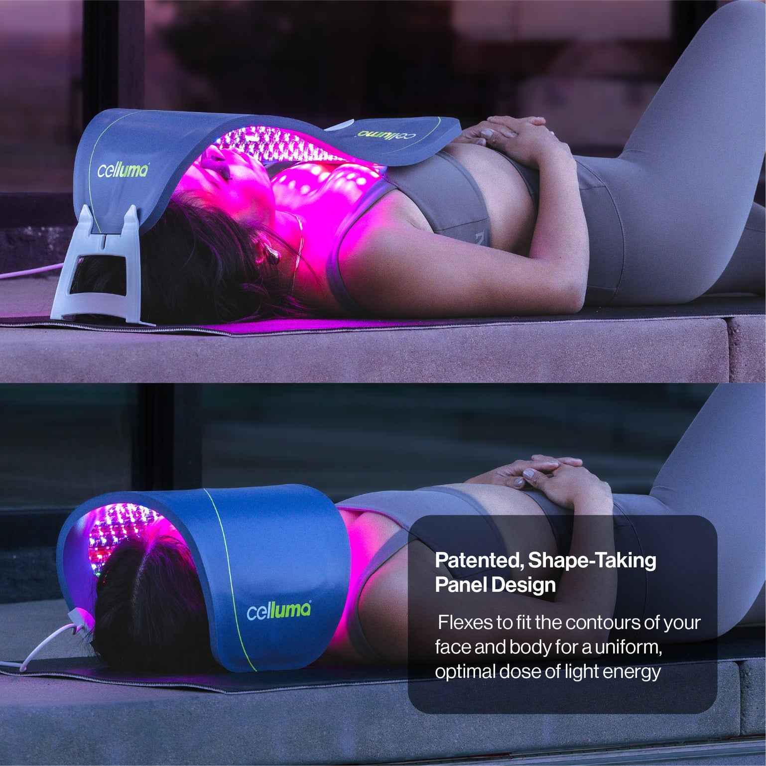 Flexible Celluma PRO LED red light therapy contours the face and body for an optimal dose of light energy.