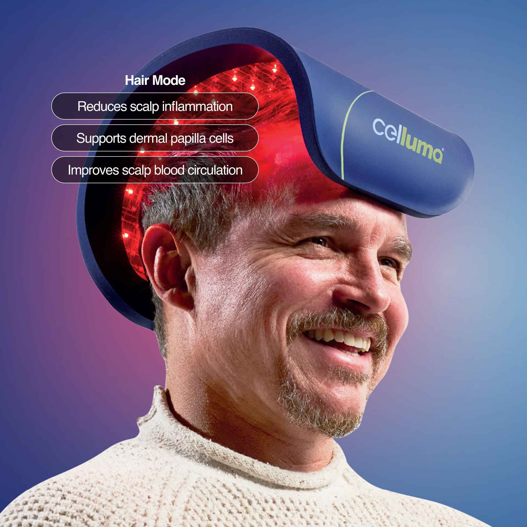 Celluma RESTORE II LED red light therapy device to reduce scalp inflammation and stimulate hair growth.