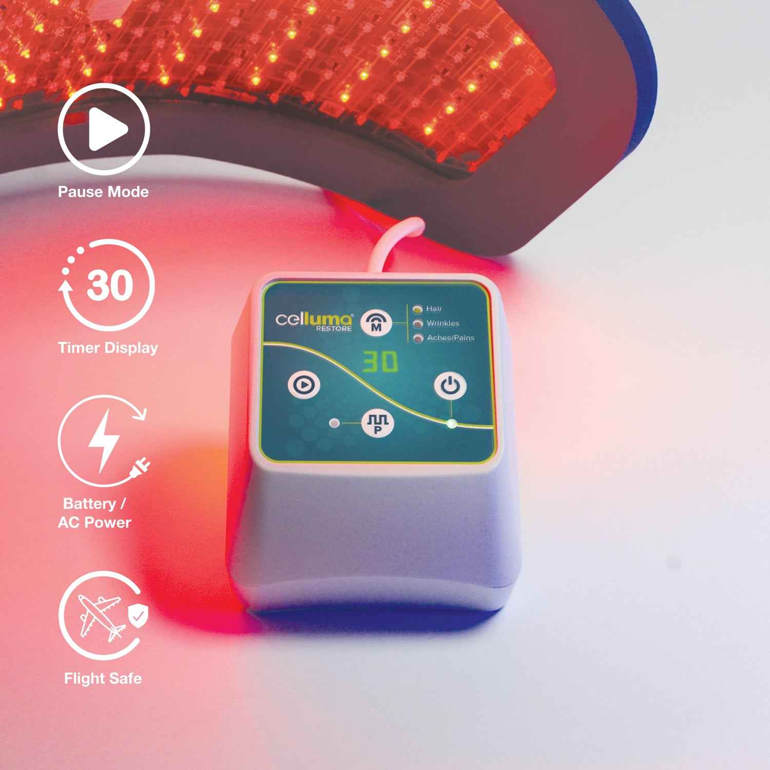 Celluma RESTORE II LED red light therapy controller featuring 3 modes for hair growth, wrinkles, and pain.
