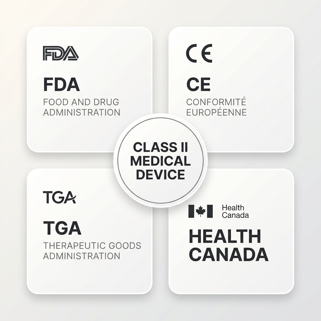Celluma Certification logos for FDA, CE, TGA, and Health Canada on a white background