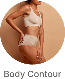 Person wearing beige body contouring clothing on a beige background