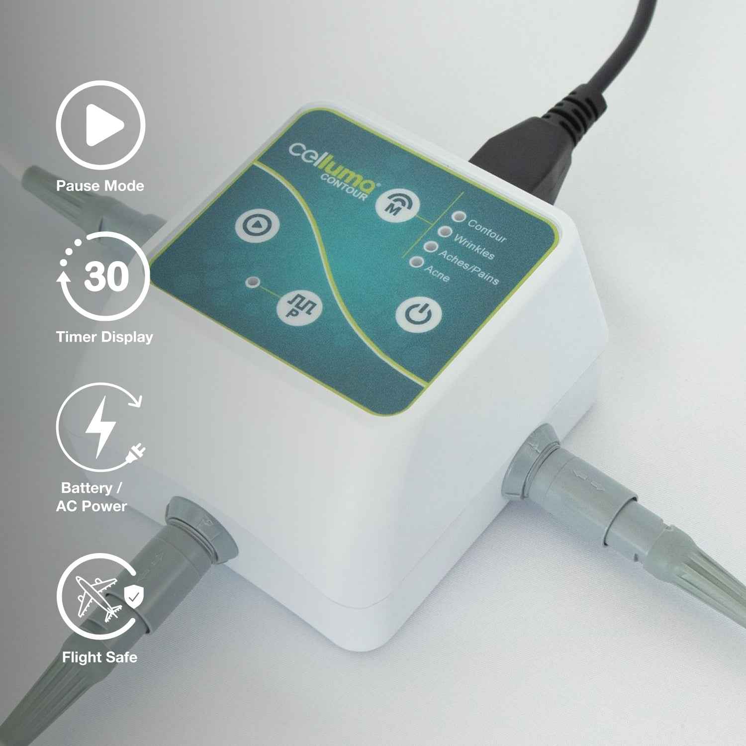 FDA-cleared Celluma Contour LED red light therapy controller with 4 modes for acne, wrinkles, pain, and contouring.