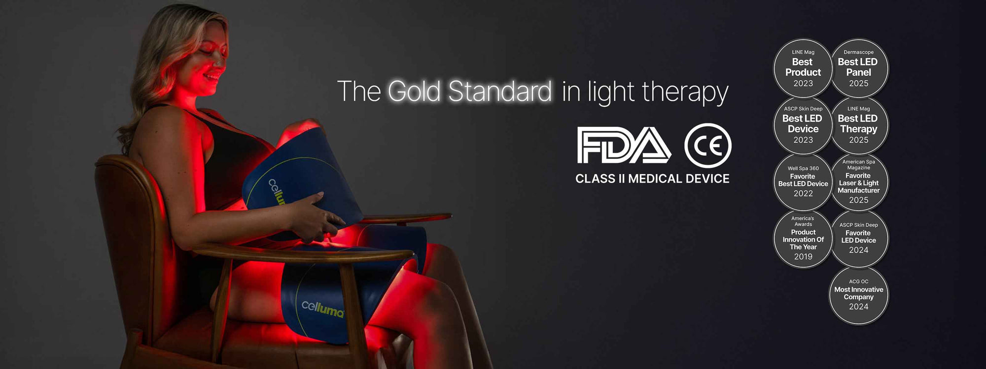 A woman using Celluma LED Red Light Therapy.