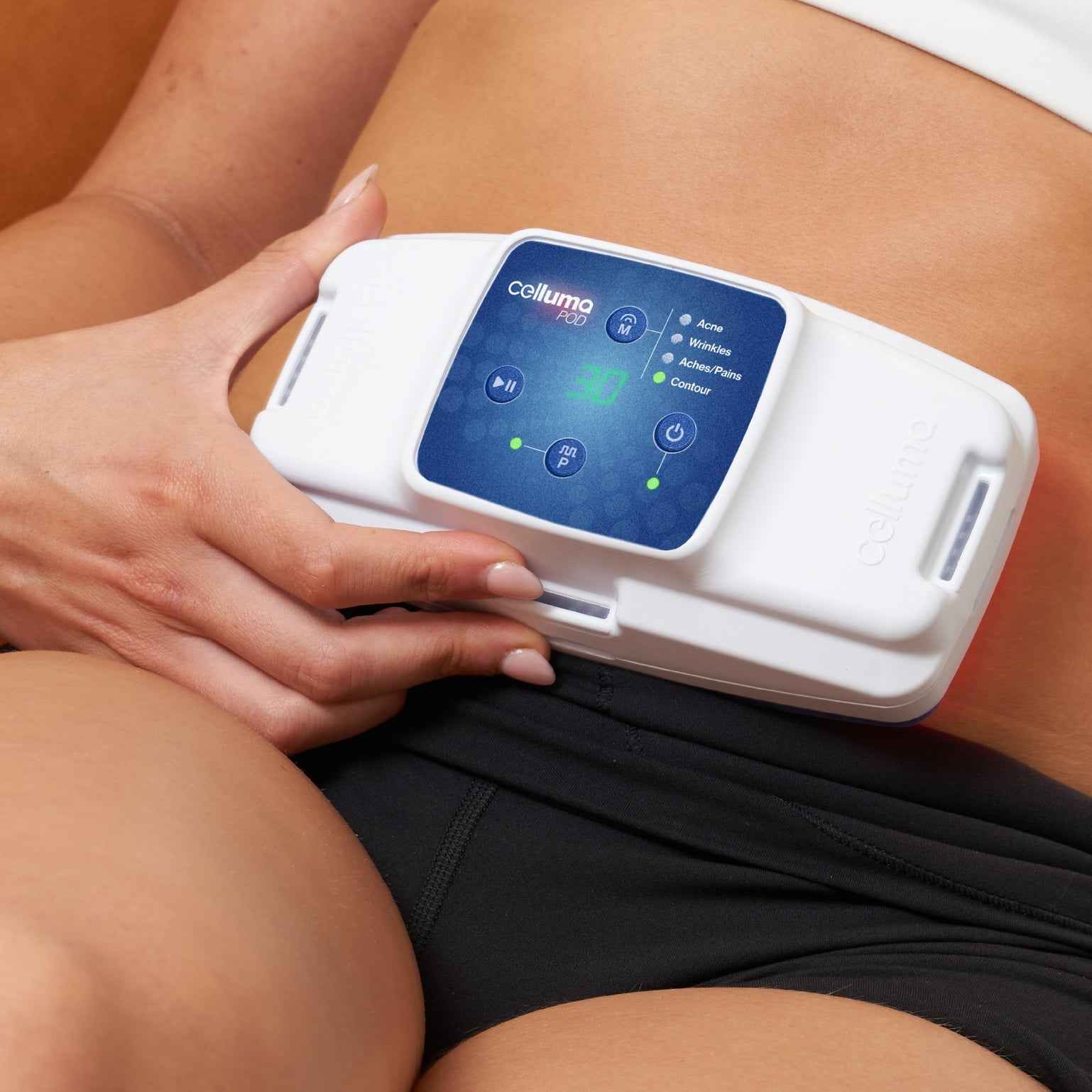 Celluma POD II LED red light therapy device body contouring mode for smoother, firmer skin texture.
