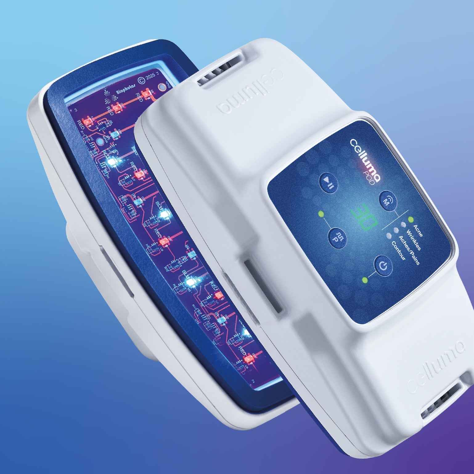FDA-cleared Celluma POD 2 LED controller for targeted acne, wrinkles, pain, and body contouring.