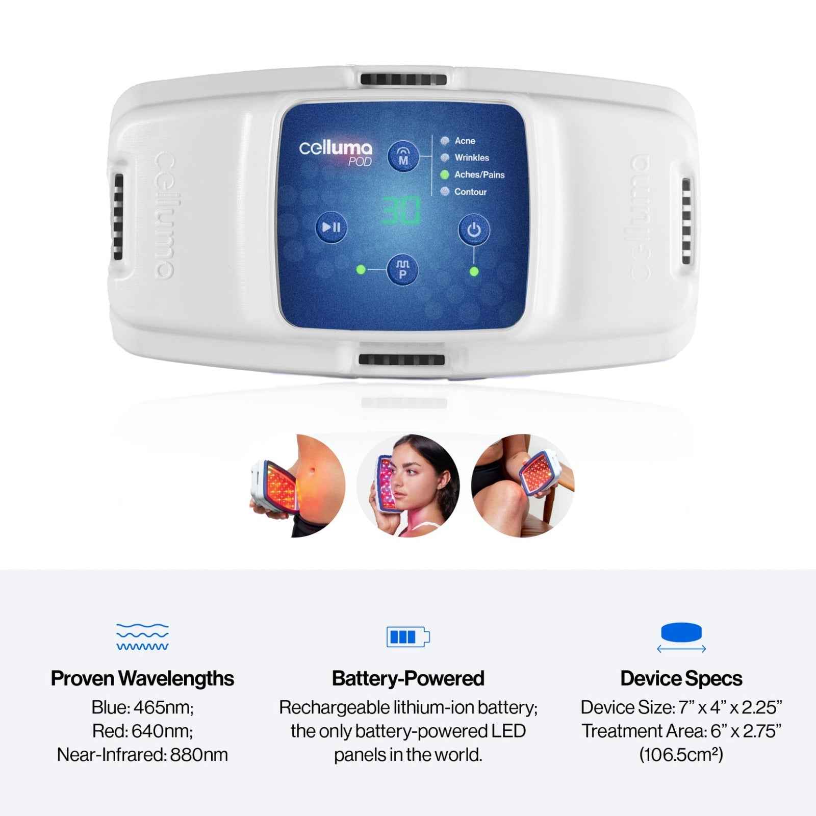 Celluma POD 2 portable LED device with clinical 465nm blue, 640nm red, and 880nm near-infrared wavelengths.