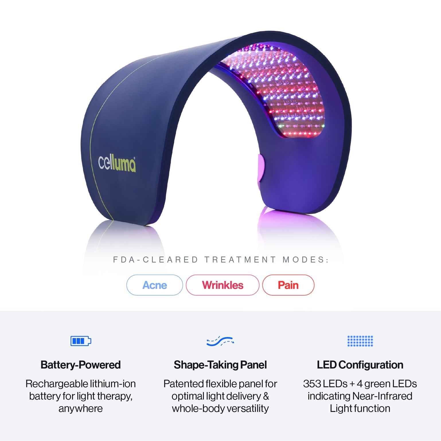 Celluma PRO LED red light therapy device with 3 treatment modes, wrinkles, acne, pain. 