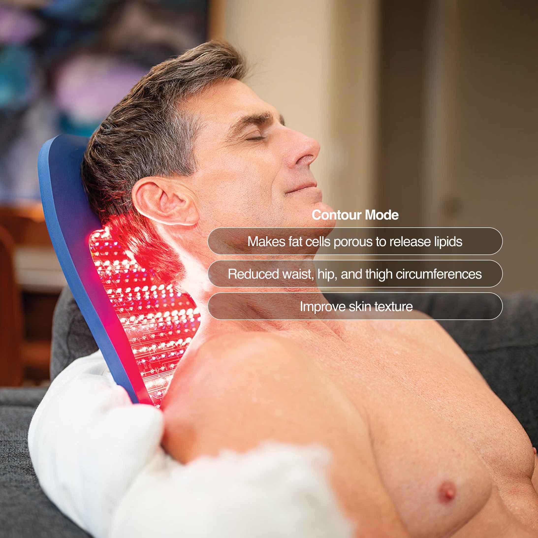 Celluma PRO Plus LED red light therapy contour mode used by a man to release lipids and firm skin texture.