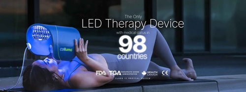 LED therapy device with a person lying down, labeled The Only LED Therapy Device with medical studies in 98 countries. 